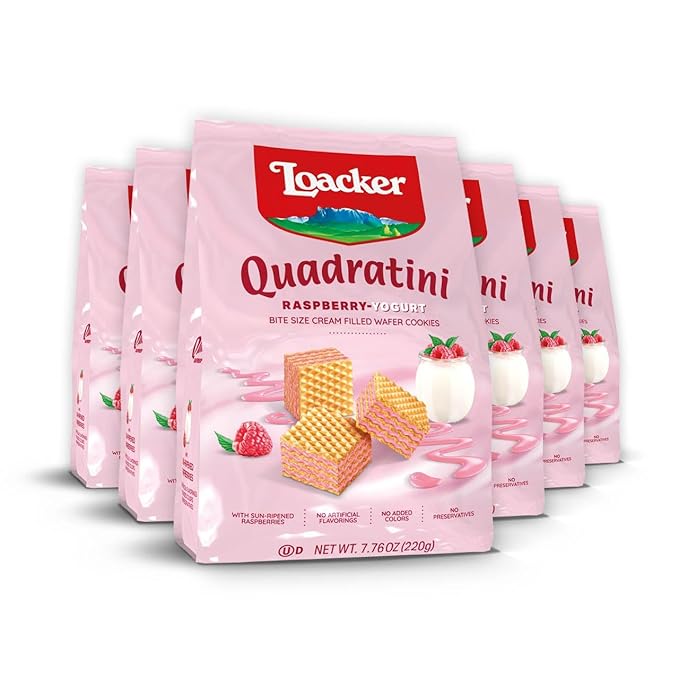Loacker Quadratini Raspberry Yogurt Wafer Cookies LARGE - 30% Less Sugar - Premium Crispy Bite Size