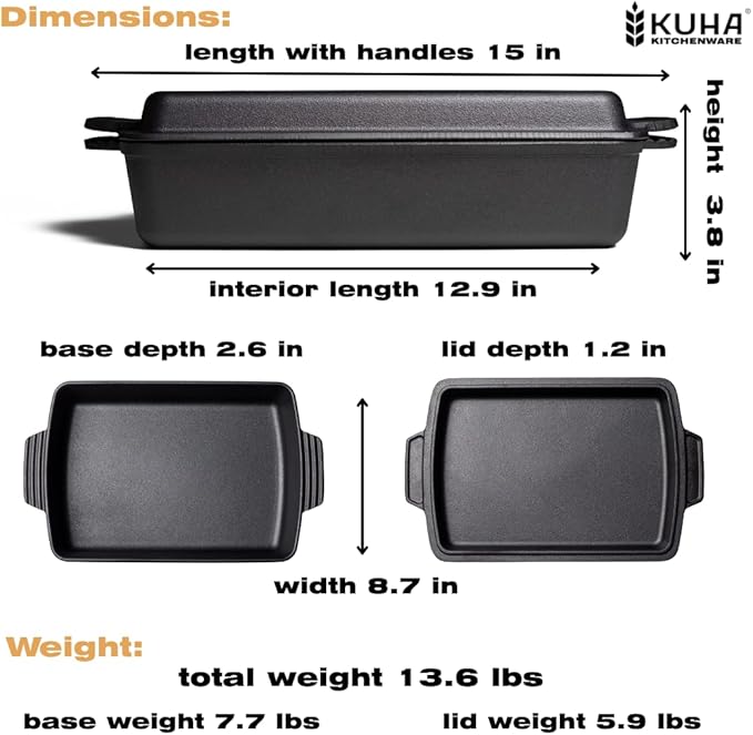 Kuha 2-in-1 Square Cast Iron Dutch Oven, 6 QT ??Skillet Lid & Casserole Dish, Pre-Seasoned 13??
