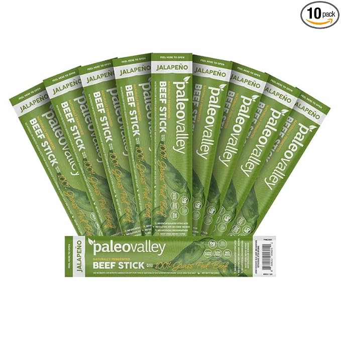 Paleovalley 100% Grass Fed Jalapeno Beef Sticks - Delicious Gluten Free Beef Snack - High Protein