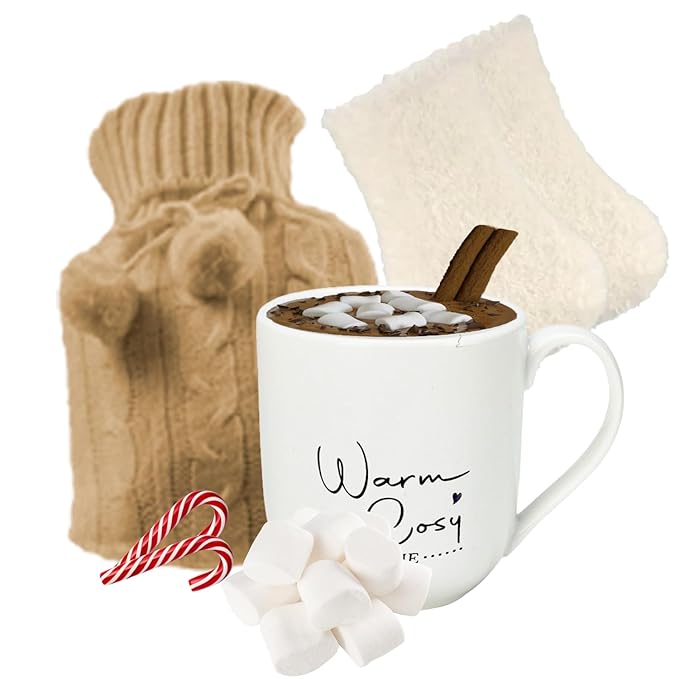 Women Gift Set -Hot Water Bottle, Hot Chocolate Mix, Mini Marshmallows, Mug, Socks, Crushed Candy