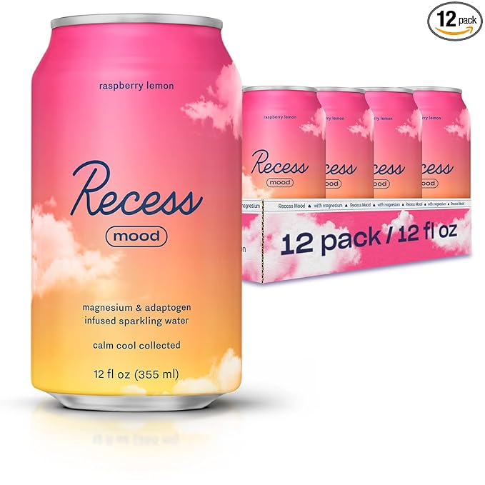 Recess Mood Magnesium & Adaptogen Drink, Calming Relaxation Beverage, 12 ounce (Raspberry Lemon, 12