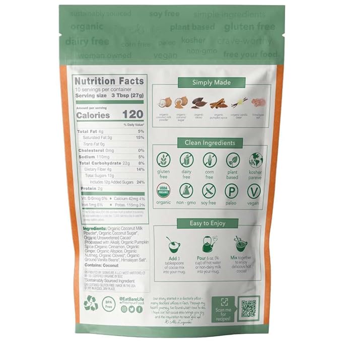 Bare Life: Instant Dairy Free Pumpkin Spice Hot Cocoa Mix - 10 Serving Pouch | Gluten Free, Vegan