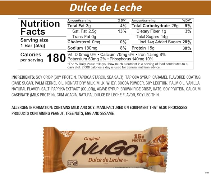 NuGo Protein Bar, NEW! Dulce De Leche 15 bars & Churro 15 bars, 11-15g Protein, Gluten Free, 30