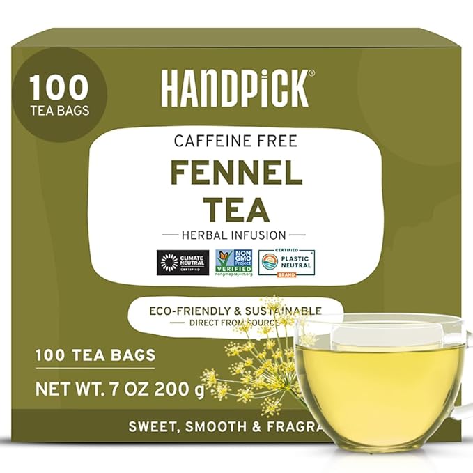 HANDPICK, Fennel Tea Bags (100 Herbal Tea Bags) Caffeine Free, Gluten Free & Non GMO | Round Eco