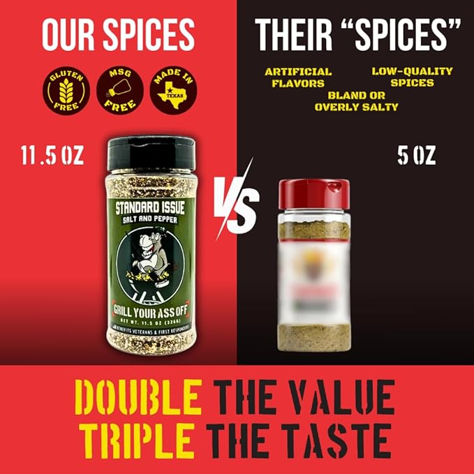 Standard Issue Salt & Pepper by Grill Your As Off - Premium Gourmet Black Pepper & Salt Great for