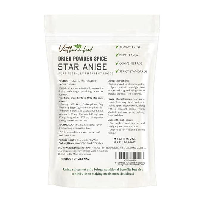STAR ANISE POWDER 5.29 Oz (150g) VIETFARMFOOD: Natural pure, convection dried seasoning made from