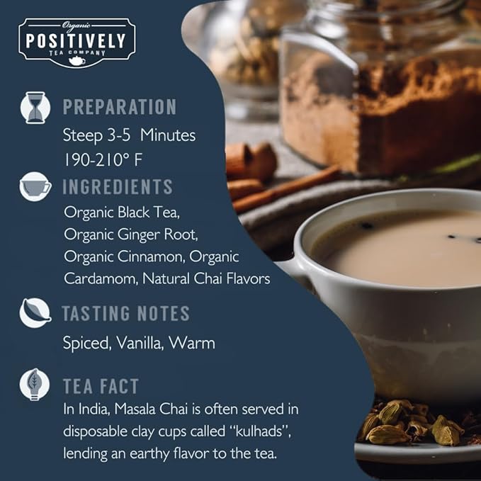 Organic Positively Tea Company, Masala Chai Black Tea Bags, 100 Count, Eco-Friendly Tea Bags
