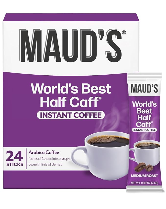 Maud's Half Caffeine Instant Coffee, 24 ct, 100% Arabica Coffee, Medium Roast, Instant Hot or Iced