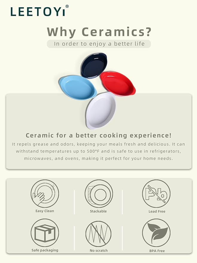 LEETOYI Porcelain Small Oval Au Gratin Pans,Set of 4 Baking Dish Set for 1 or 2 person servings
