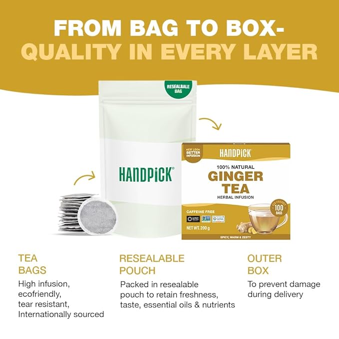 HANDPICK, Ginger Tea Bags, Caffeine Free & 100% Pure Ginger Root | Soothing & Spicy Blend | Round