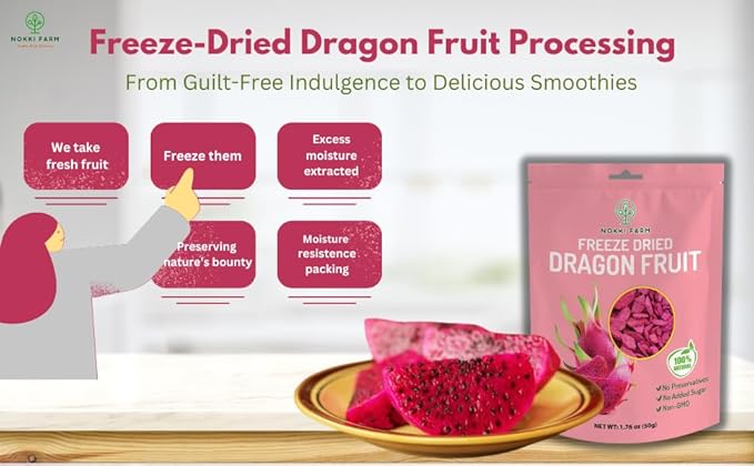 NOKKI FARM Freeze Dried Dragon Fruit - Healthy & Exotic Tropical Superfood Snacks, No Added Sugar
