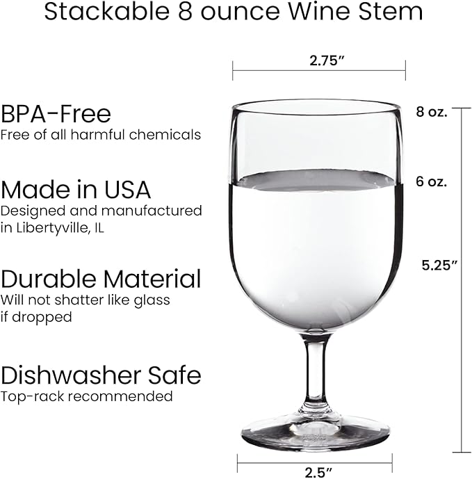 US Acrylic Stackable 8 ounce Plastic Wine Stems in Clear | Set of 8 Reusable, BPA-free, Made in the