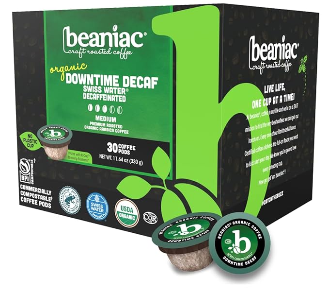 beaniac Organic Downtime Decaf Swiss Water Decaffeinated, Medium Roast, Single Serve Compostable K