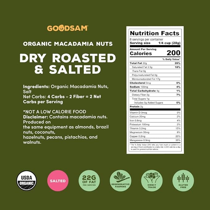 GoodSAM Organic Roasted Macadamia Nuts 0.5 lb, Salted, Gluten Free, Non GMO, Vegan, Keto