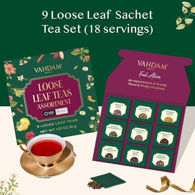 VAHDAM Top 9 Exotic Loose Leaf Herbal Tea Sampler (18+ cups) | No Caffeine | Floral & Fruity Blends