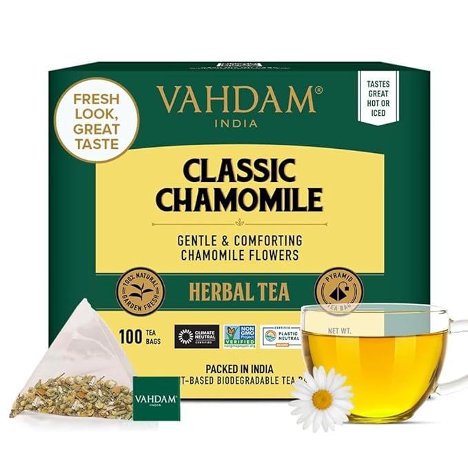 VAHDAM, Chamomile Herbal Tea (100 Pyramid Tea Bags) Resealable Ziplock Pouch | Caffeine Free, Non