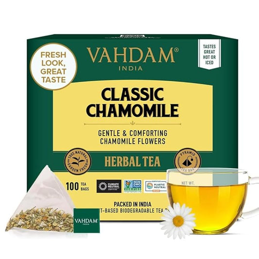 VAHDAM, Chamomile Herbal Tea (100 Pyramid Tea Bags) Resealable Ziplock Pouch | Caffeine Free, Non
