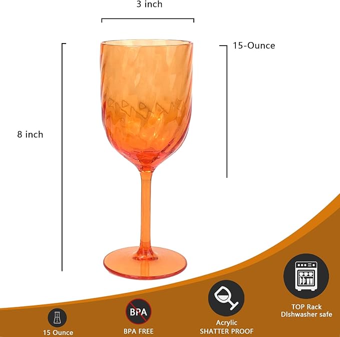 Yalin Set of 6 Unbreakable 15 oz Acrylic Plastic Wine and Water Tumbler Stackable Goblets. (Orange