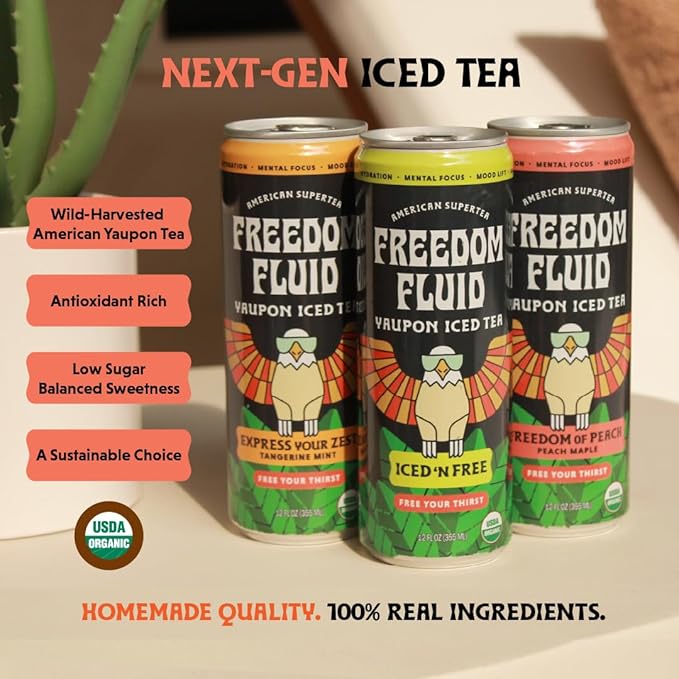 Freedom Fluid Organic Yaupon Iced Tea – Refreshing Peach | Herbal Tea Drink | Lightly Sweetened