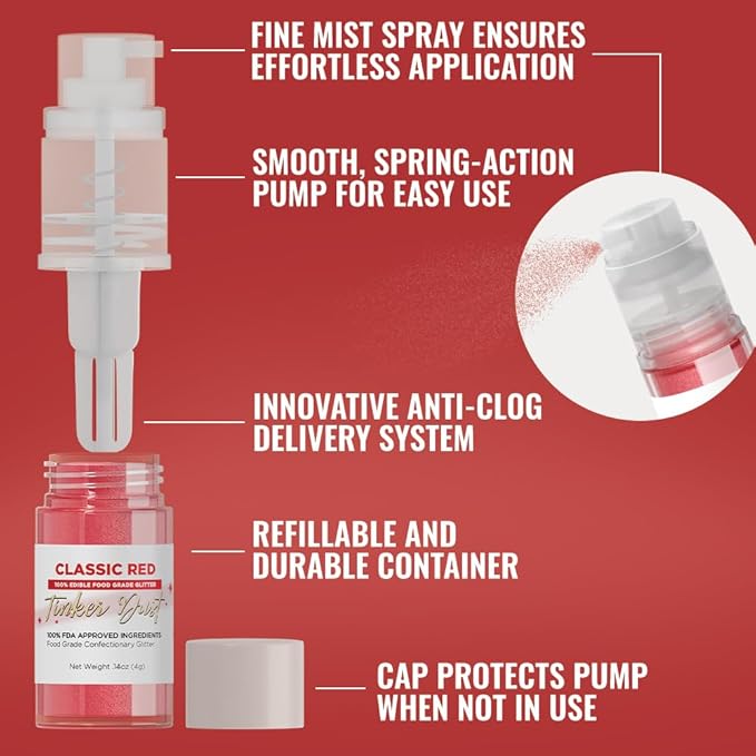 Bakell - Classic Red Tinker Dust (4g, 1x Mini Spray Pump) Edible Glitter for Food, Desserts, and