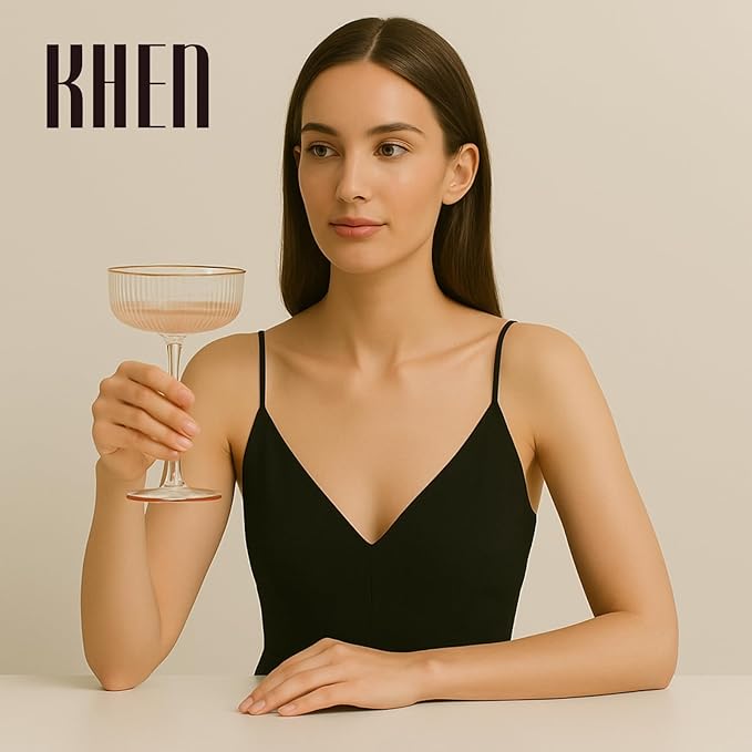 Khen Ribbed Vintage Art Deco Coupe Glasses - Martini, Champagne & Cocktail Ribbed Glasses 8oz |