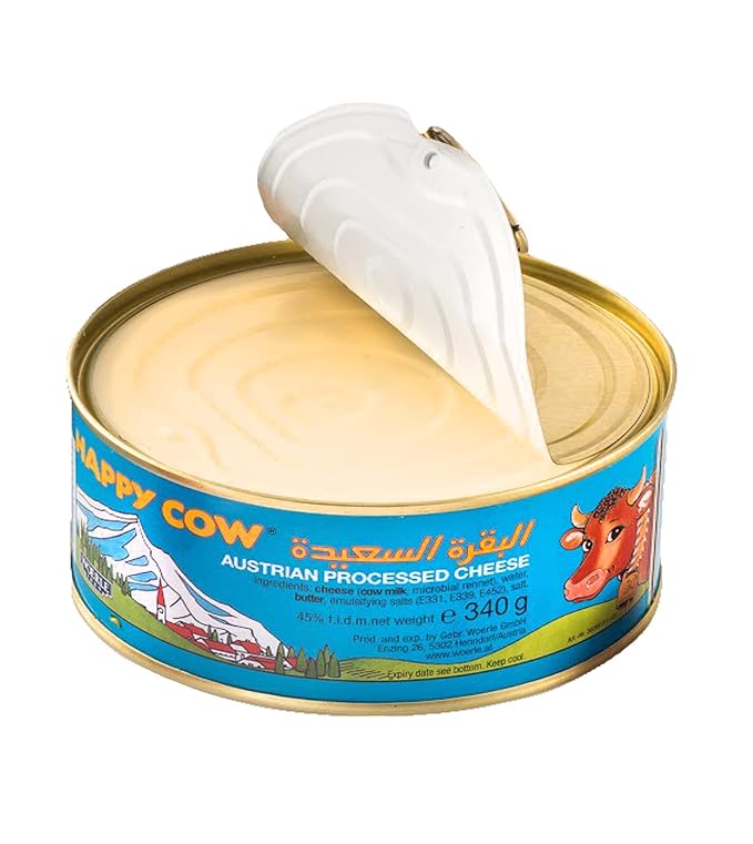 Happy Cow Halal Austrian Processed Cheese 12 OZ (340g) Easy Open Can, Rich Cheddar Flavor, Long