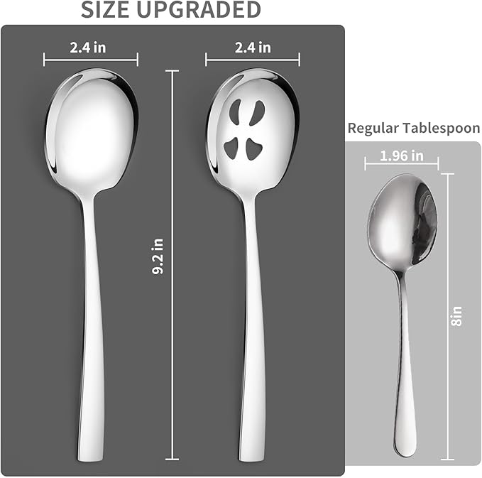 4 Piece Stainless Steel Serving Spoons Set - 2 Large, 2 Slotted, 9.2-Inch, Dishwasher Safe, for