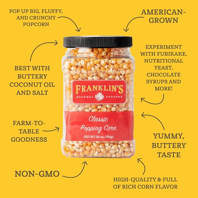 Franklin?셲 Gourmet Popcorn 28oz Tub Classic Popcorn Kernels for Popping - Made in USA, Non-GMO &