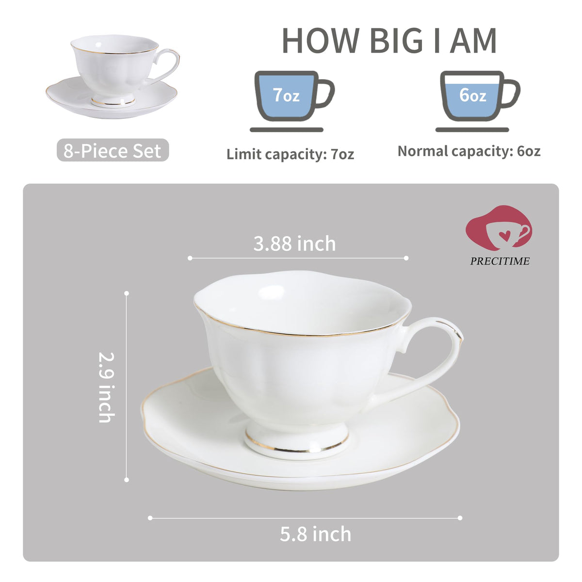 PRECITIME White Ceramic Tea Cup and Saucer Set of 8 (16-Piece) - 6oz Elegant Porcelain Cups with