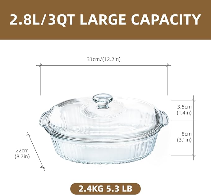 Luvan 2.8L/3Qt Glass Casserole Dish with Lid, Ribbed Oval Glass Baking Dish for Oven & Microwave
