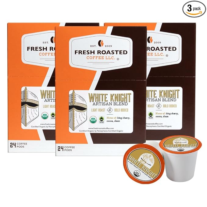 Fresh Roasted Coffee, Organic White Knight | USDA Organic, Kosher | Light Roast 72 Pods for K Cup