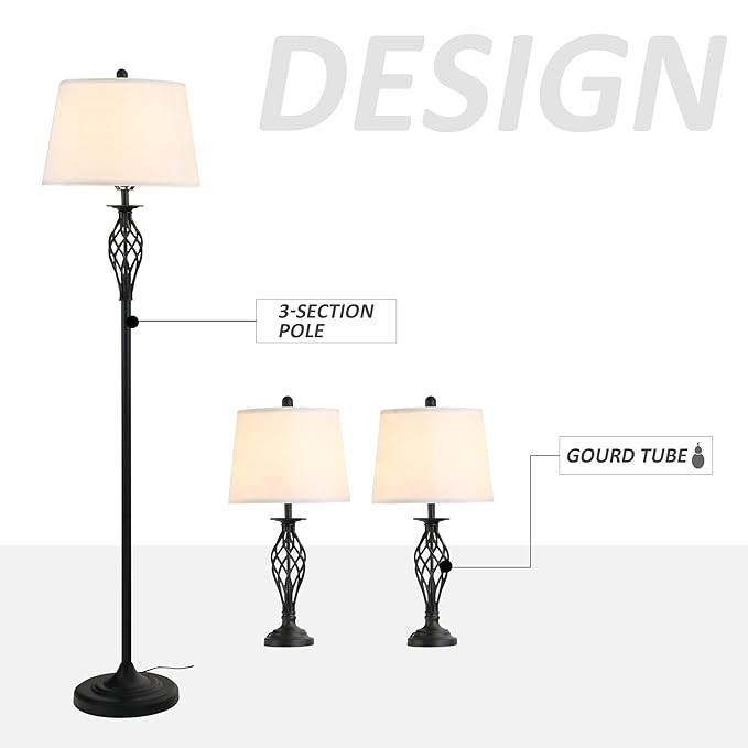 HOMCOM 3 Piece Table Floor Lamp Set with Metal Pole, Round Base, and Fabric Lampshade, for Living