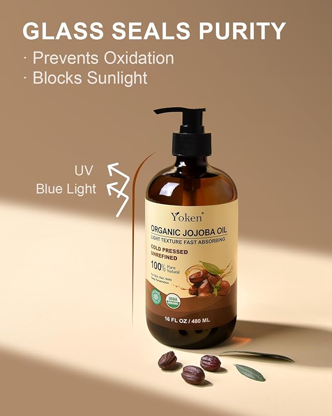 Yoken Organic Jojoba Oil Glass Bottle 16 fl oz, USDA Certified 100% Pure & Natural Jojoba Oil for