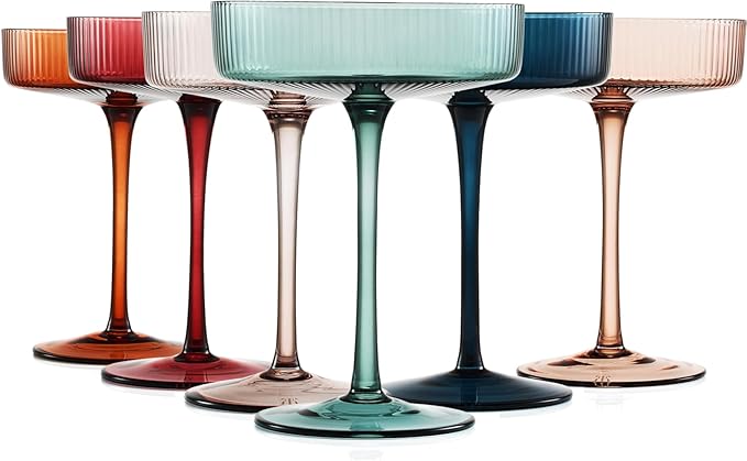 Colored Vintage Art Deco Coupe Glasses - Martini, Cocktail & Champagne Ribbed Glasses 7oz | Set of