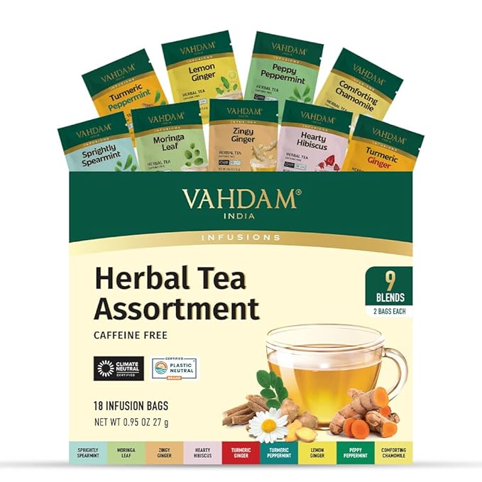 VAHDAM, Assorted Herbal Tea Sampler (18 Tea Bags, 9 Flavors) Caffeine-Free, Non-GMO | Double