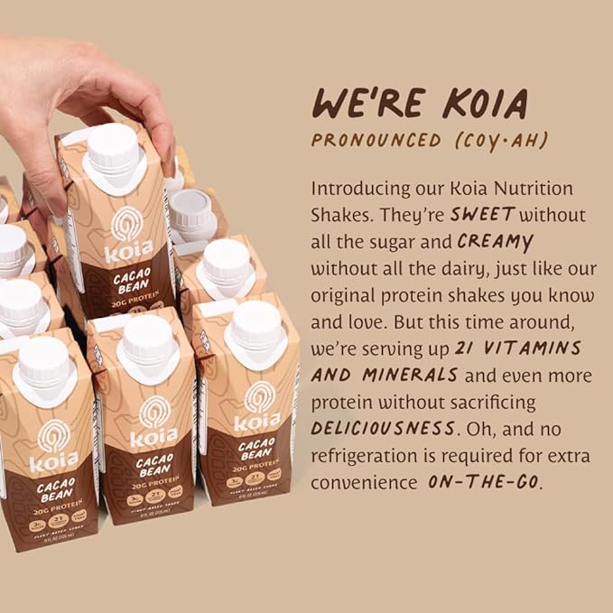 Koia Plant Based Protein Shake, Cacao Bean, 20g Protein, 3g Sugar, 6g Prebiotic Fiber, 21 Vitamins