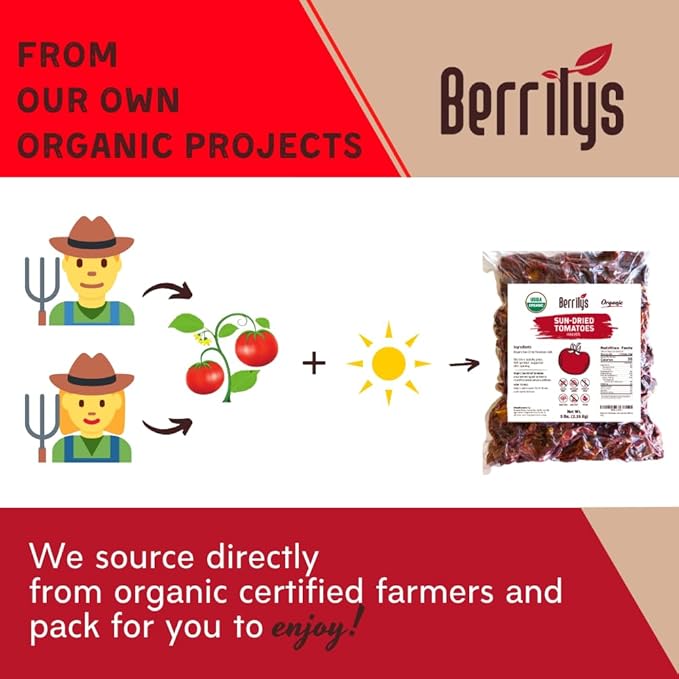 Berrilys Organic Sun-Dried Tomatoes, Salted, No Sulfur, No Preservatives, Kosher, Raw, Non-GMO