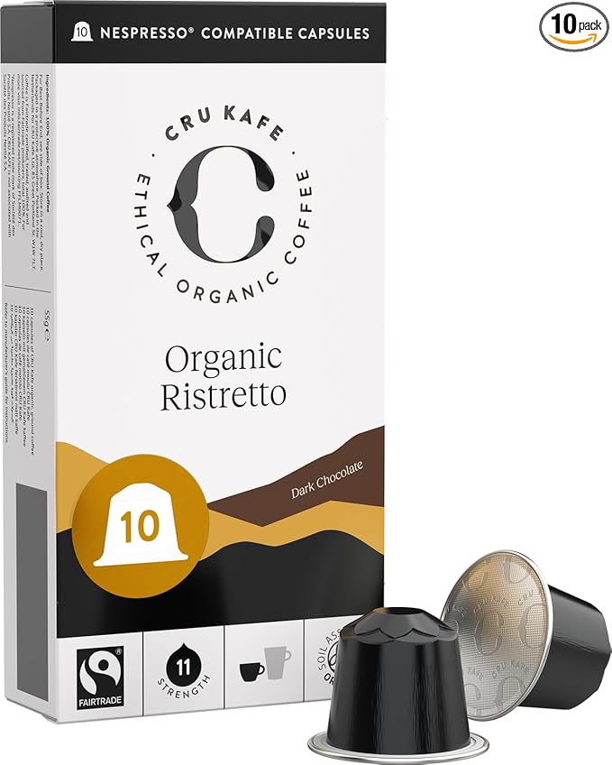 Cru Kafe Ristretto USDA Organic Espresso Coffee Capsules (10 Pods) Fairtrade Coffee Pods Compatible