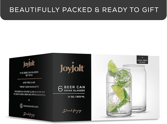 JoyJolt Drinking Glass Cups Set of 6-16oz Beer Can Glasses. Clear Soda Can Shaped Glass Cups, Cute