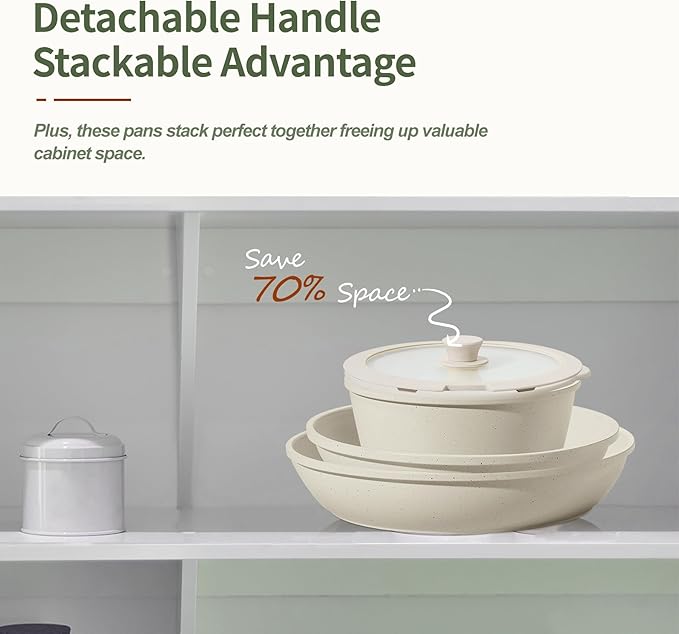 8pcs Ceramic Pots and Pans Set, Non Stick Cookware Set, Detachable Handle Cookware, Induction