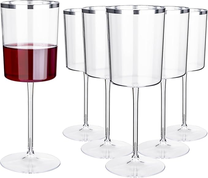 Ciaell 12 Pack Plastic Wine Glasses - 10 Oz Plastic Wine Glasses with Stem - Square Silver
