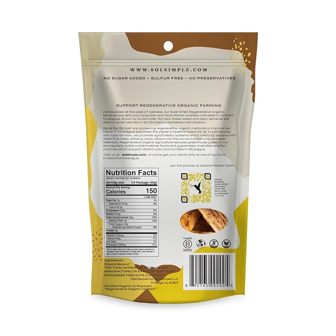 SOL SIMPLE Regenerative Organic Certified, Dried Banana | 6oz Snack Pack (2 Bags Total) | One