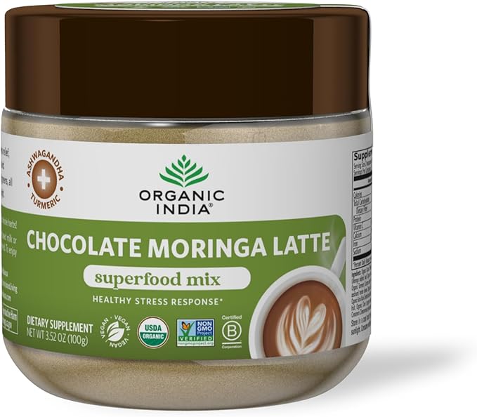 Organic India Chocolate Moringa Latte Powder - Superfood Mix, Moringa Leaf Tea, with Ashwagandha
