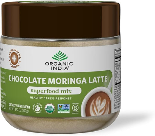 Organic India Chocolate Moringa Latte Powder - Superfood Mix, Moringa Leaf Tea, with Ashwagandha