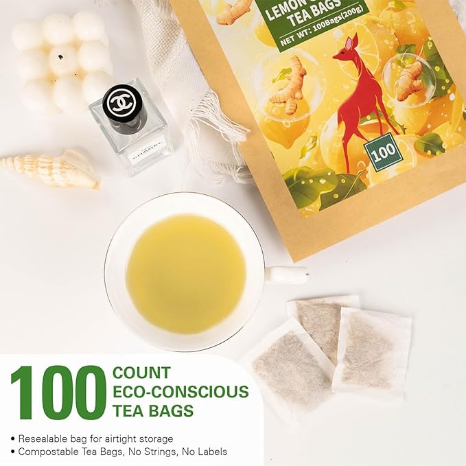 WT WEETEE Lemon & Ginger Herbal Tea, 100% Natural Ingredients, Made With Lemongrass, 100 Count