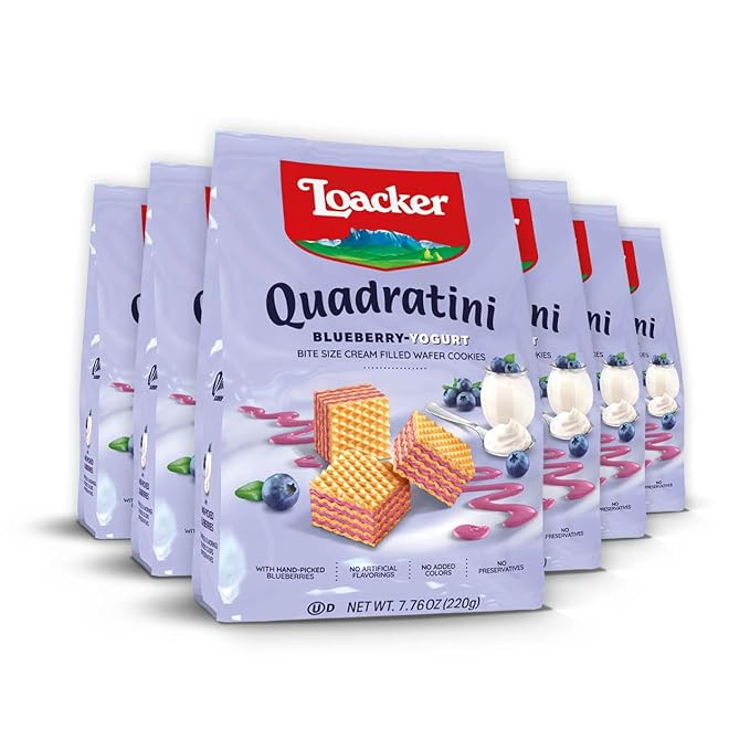Loacker Quadratini Blueberry Yogurt Wafer Cookies LARGE - 30% Less Sugar - Premium Crispy Bite Size