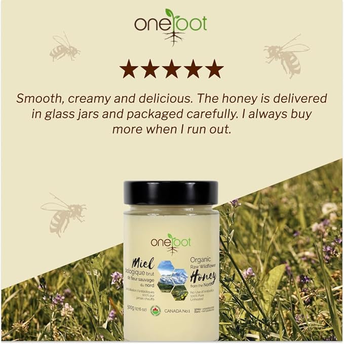 Oneroot 100% Organic Canadian Flower Honey - 17.6 Oz/1.1 Lbs, White Honey Wildflower Unfiltered