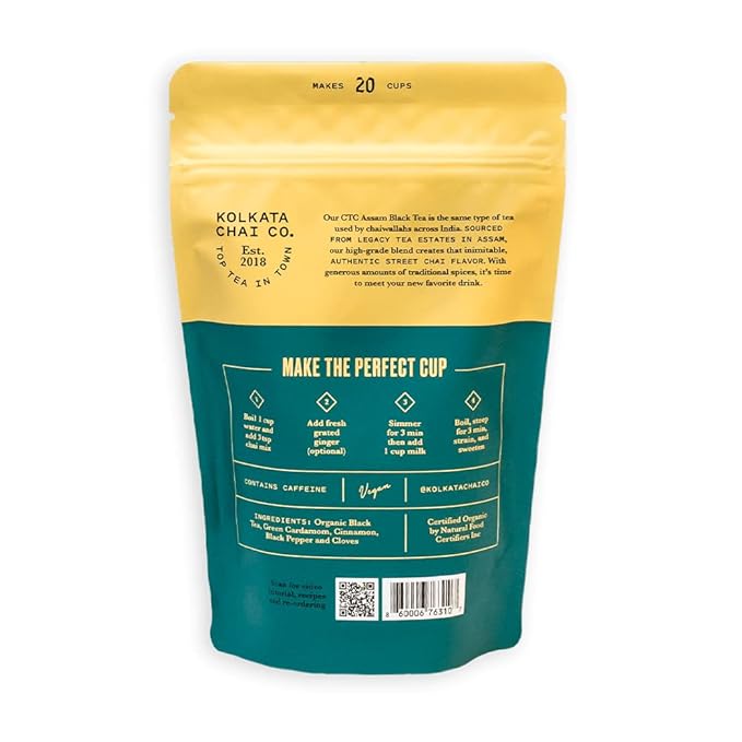 Kolkata Chai Signature Masala Chai mix, 100% Organic Black Tea, Makes 20 cups, Premium loose leaf