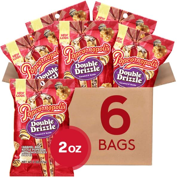 Popcornopolis Double Drizzle 6 ct, 2 oz Case, Caramel and Kettle with Chocolatey Stripes Flavored