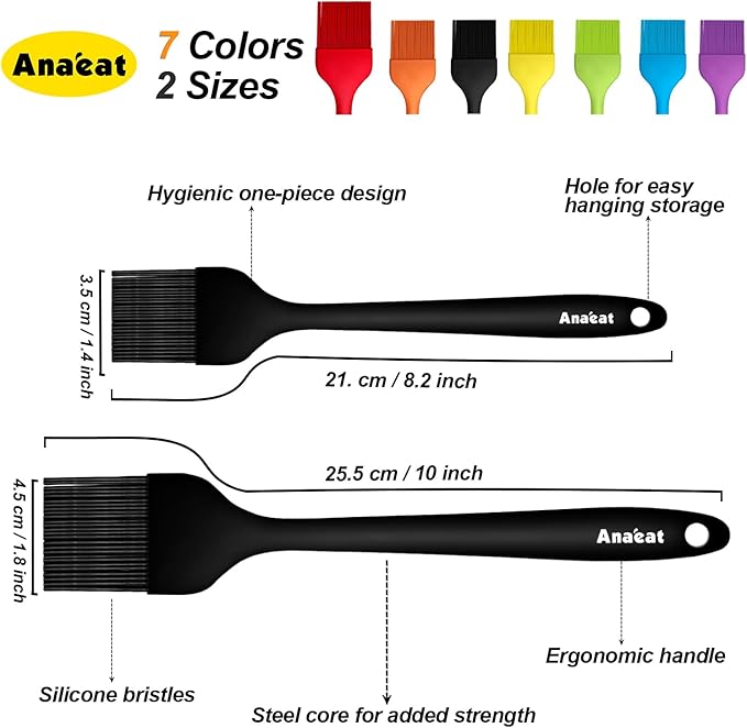 Anaeat 2 Pack Silicone Basting Pastry Brushes - Heat Resistant Brush with Soft Bristles, Hygienic